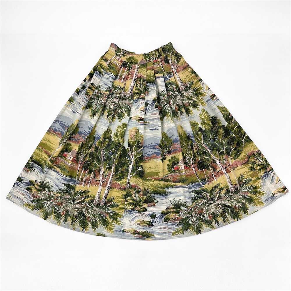 Vintage 1950s 60s Barkcloth Scenic Landscape Pleated Full Midi Skirt Womens XXS